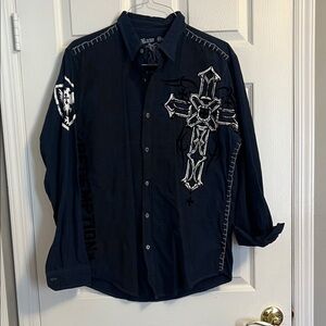 Raw State Redemption Dark Blue Shirt with White Cross Wings Embroidery